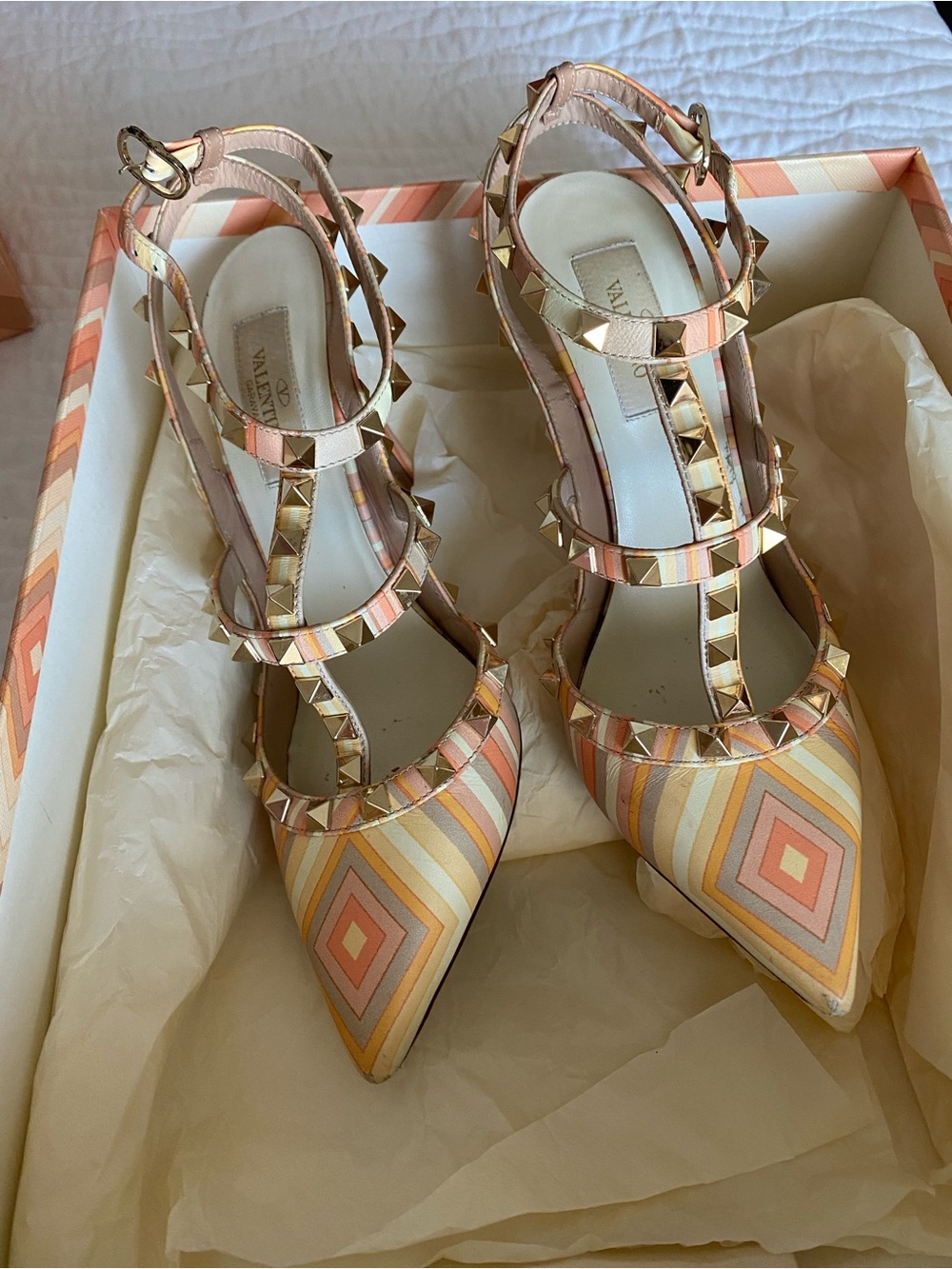 Valentino Garavani Geometric Studded T-Strap Heels in Pink and Cream